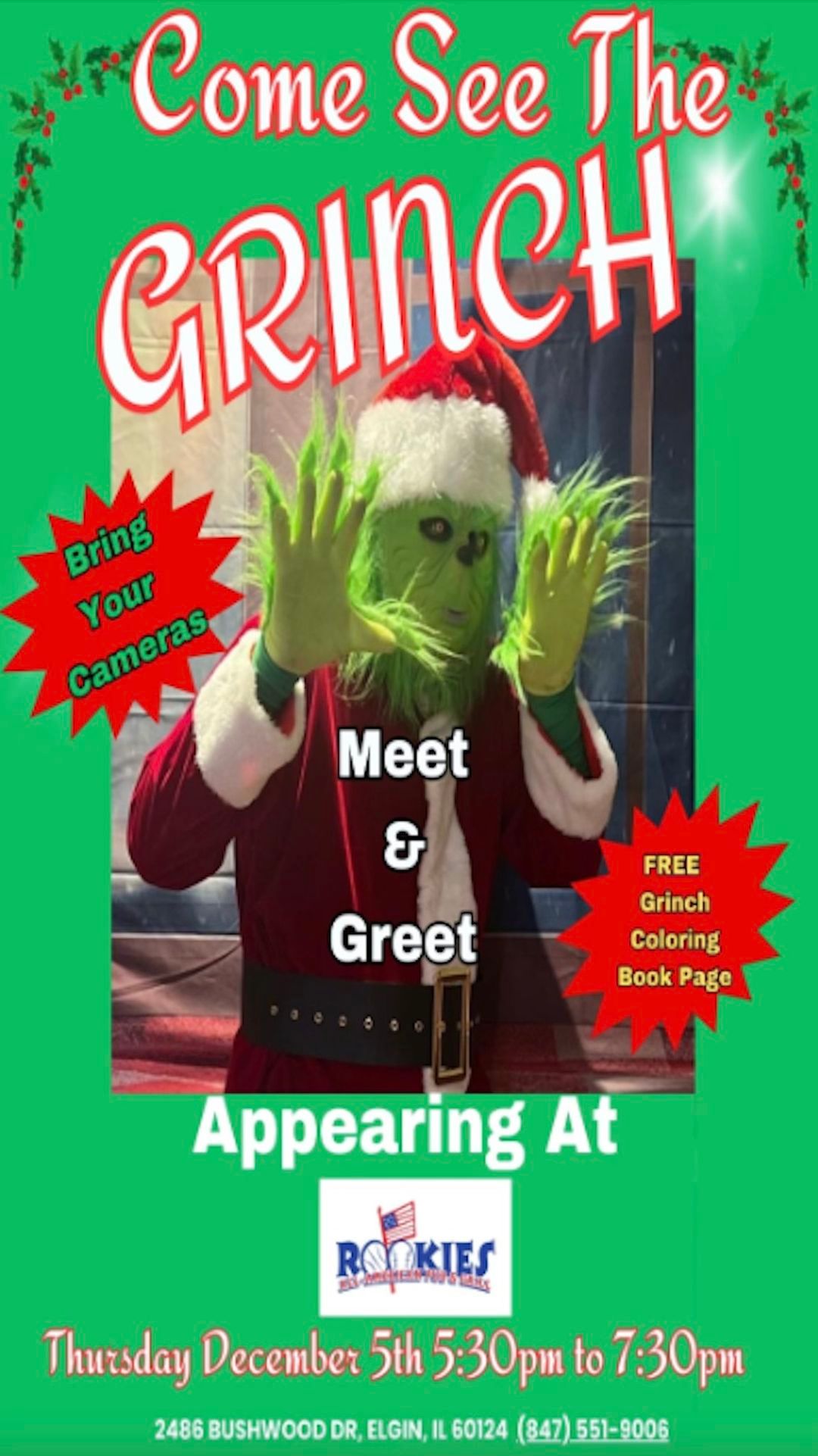 Meet the GRINCH at Rookies Elgin! 12.5.24