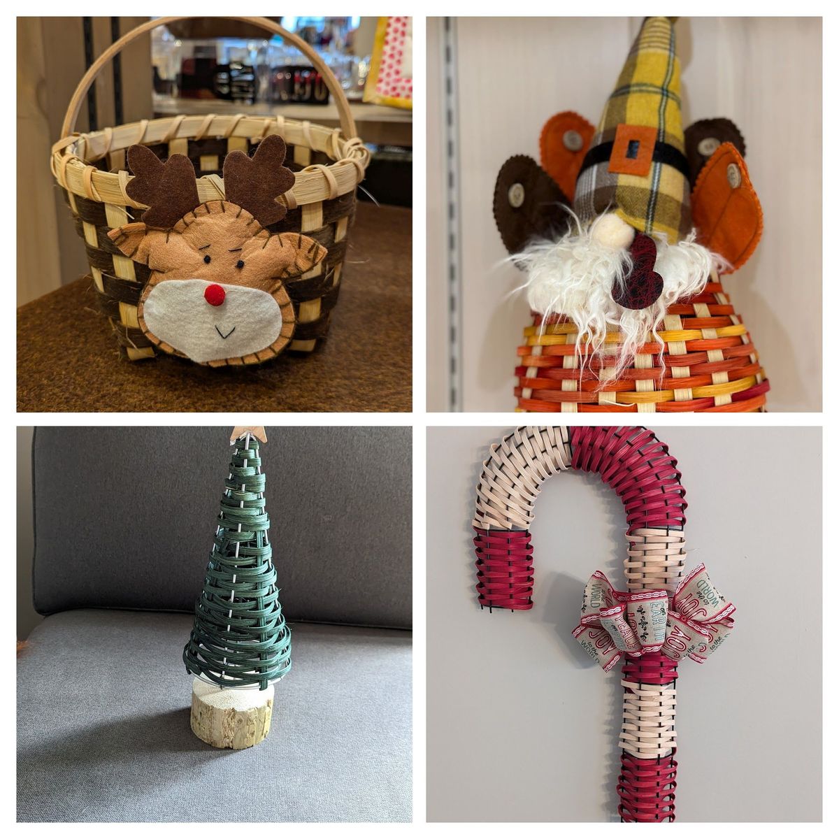 Turkey gnome, tree, reindeer basket, and candy cane door hanger basket weaving class