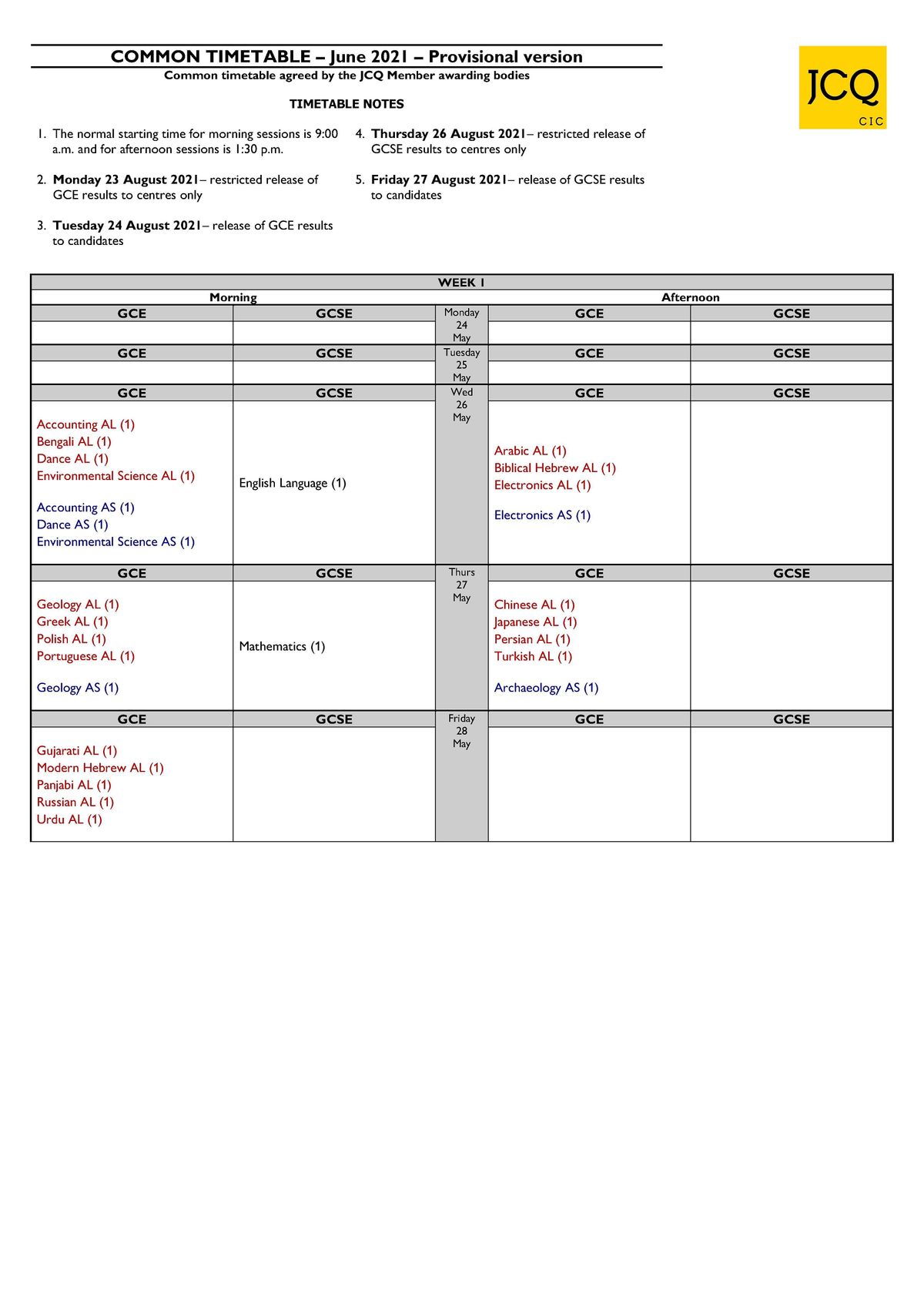 Week 1 Summer 21 Timetable Gcse A Level The Exam House London 24 May To 28 May