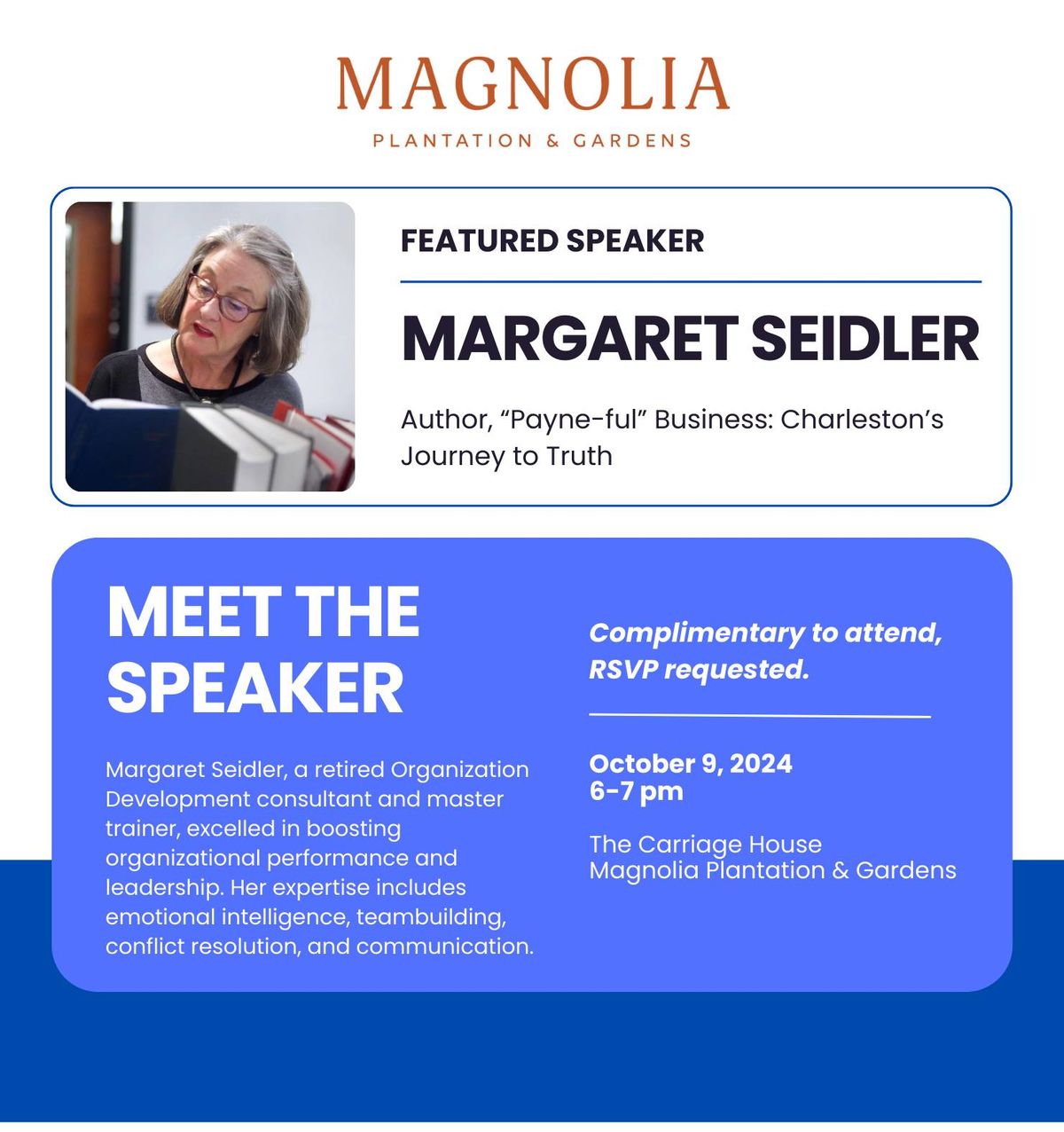 Speaker Series: Margaret Seidler, Author, \u201cPayne-ful\u201d Business: Charleston\u2019s Journey to Truth