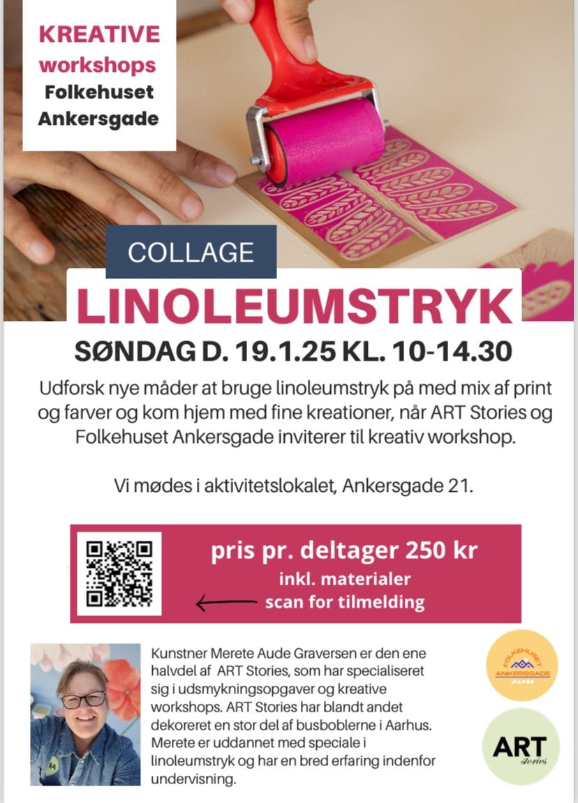 Workshop collage med linoleumstryk