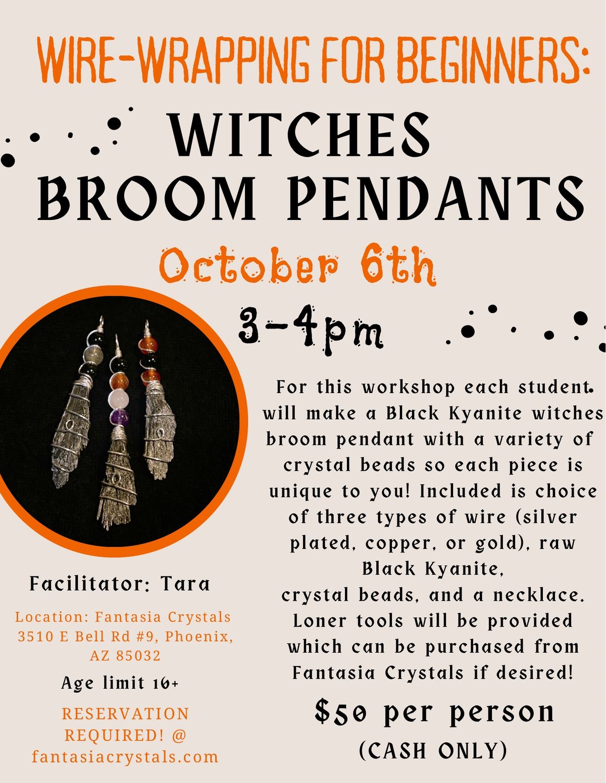 Witch\u2019s Broom Pendants- Wire Wrap Crystal Jewelry For Beginners $50 (cash only) RSVP required