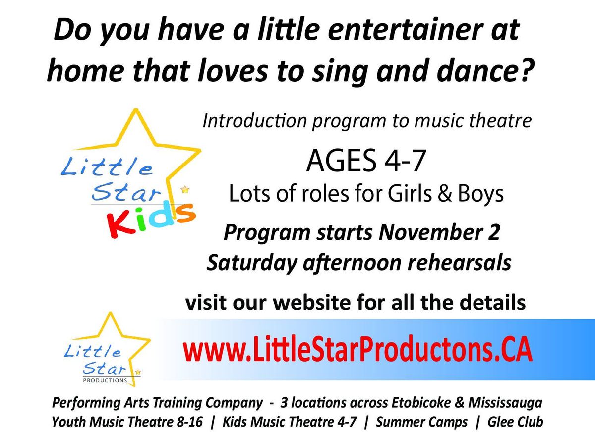 Little Star Kids music theatre program for kids 4-7 yrs old - program starts in November: FROZEN the musical