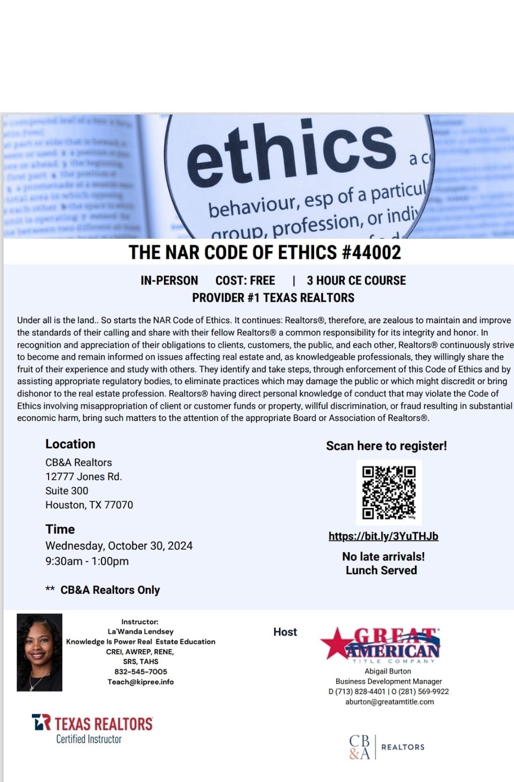 Code of Ethics 3 hours CE  Private Class. CB&A Realtors Only.