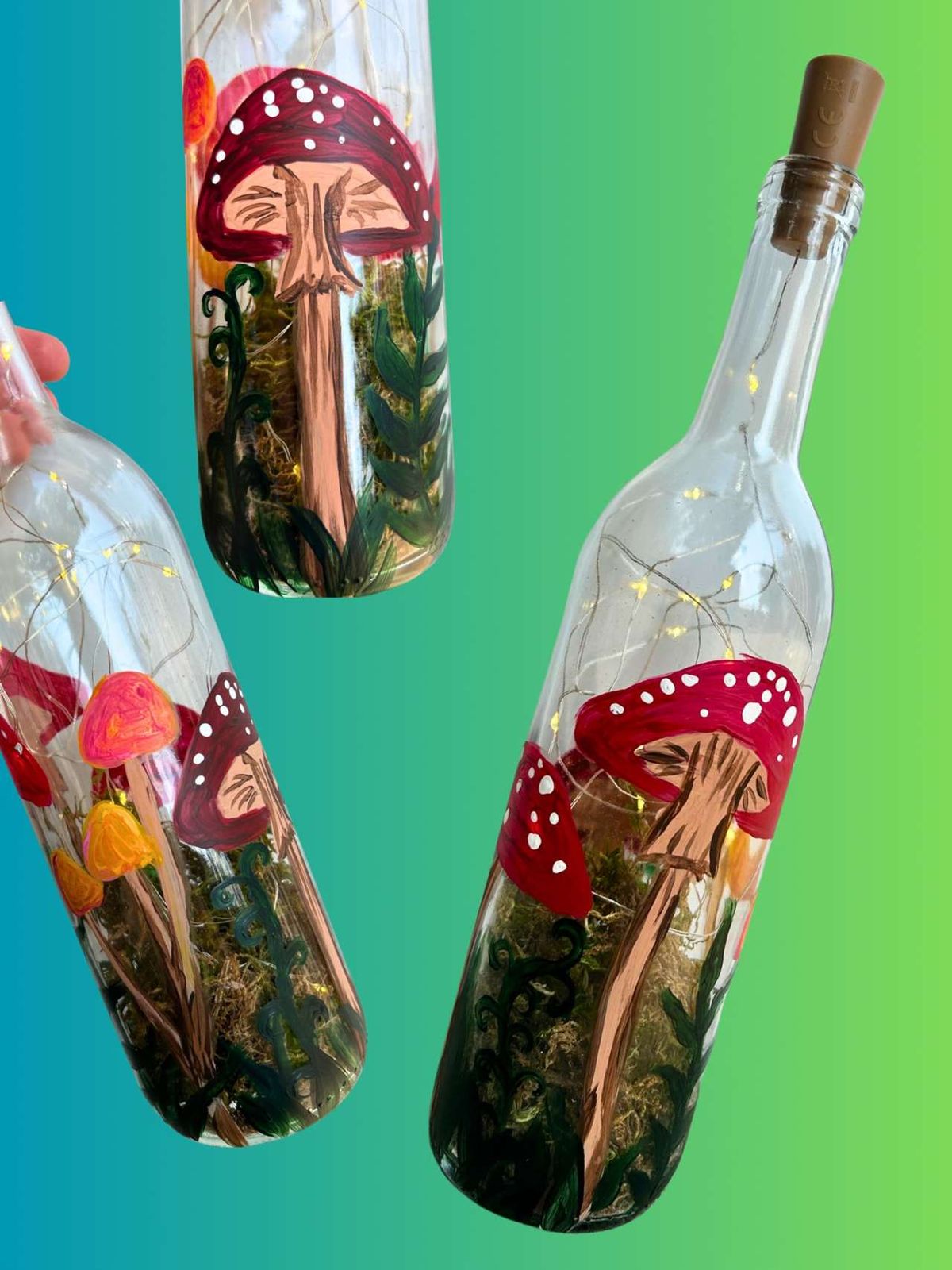 Mushroom Wine Bottle ~ Fairy lights and moss included!