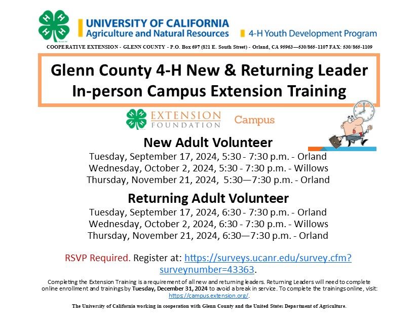 Glenn County 4-H New & Returning Leader In-person campus Extension Training