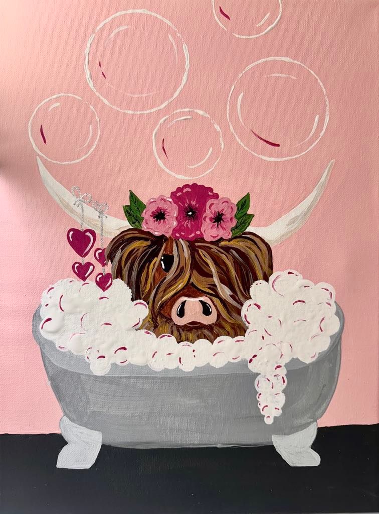 Feb 9th Rub a Dub Dub, a Cow In A Tub 11x14 canvas painting.