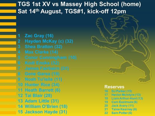 TGS 1st XV vs Massey High School 1st XV