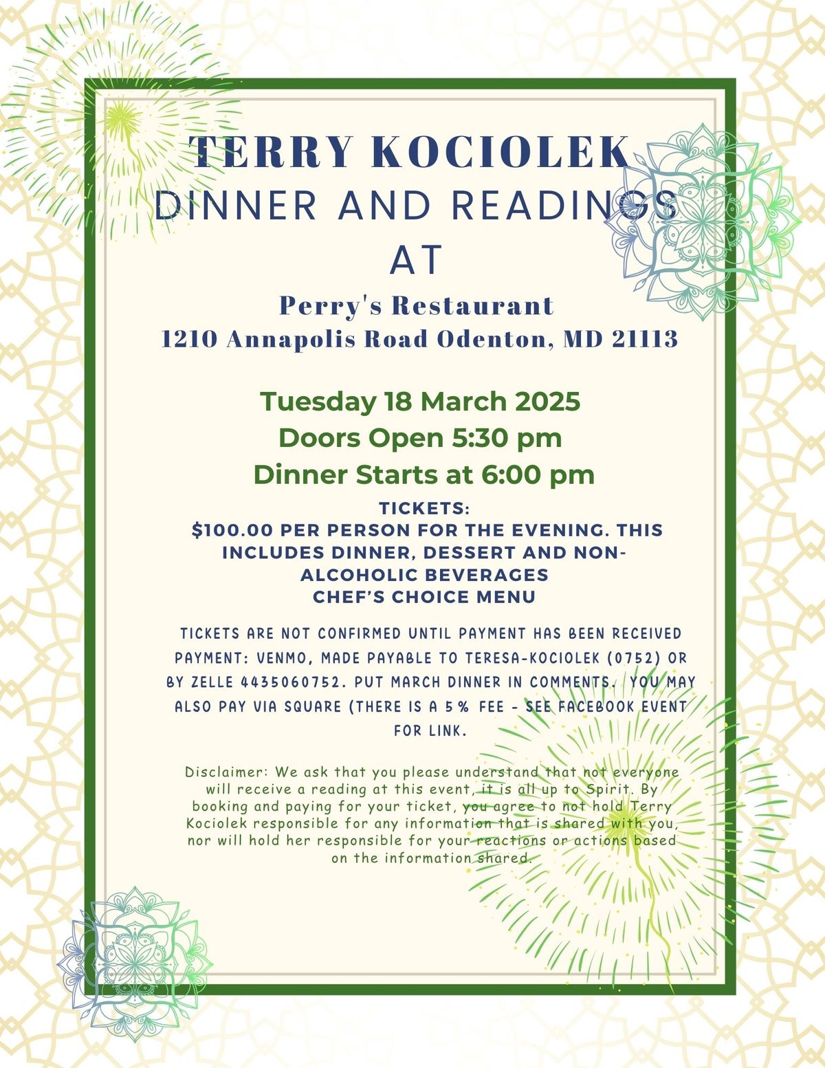 Advanced Psychic Medium Terry Kociolek Hosts An Evening of Readings at Perry's Restaurant Odenton MD