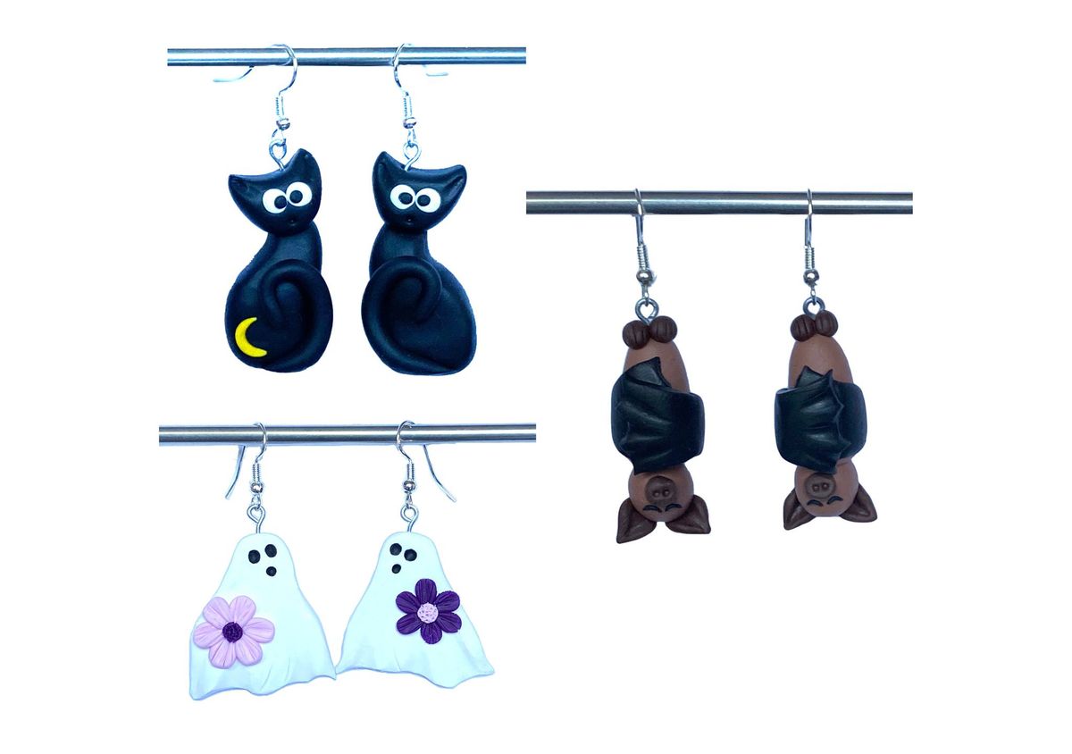 Scaredy Cats, Sleepy Bats, and Ghosties!! Polymer Clay Earring Creations!