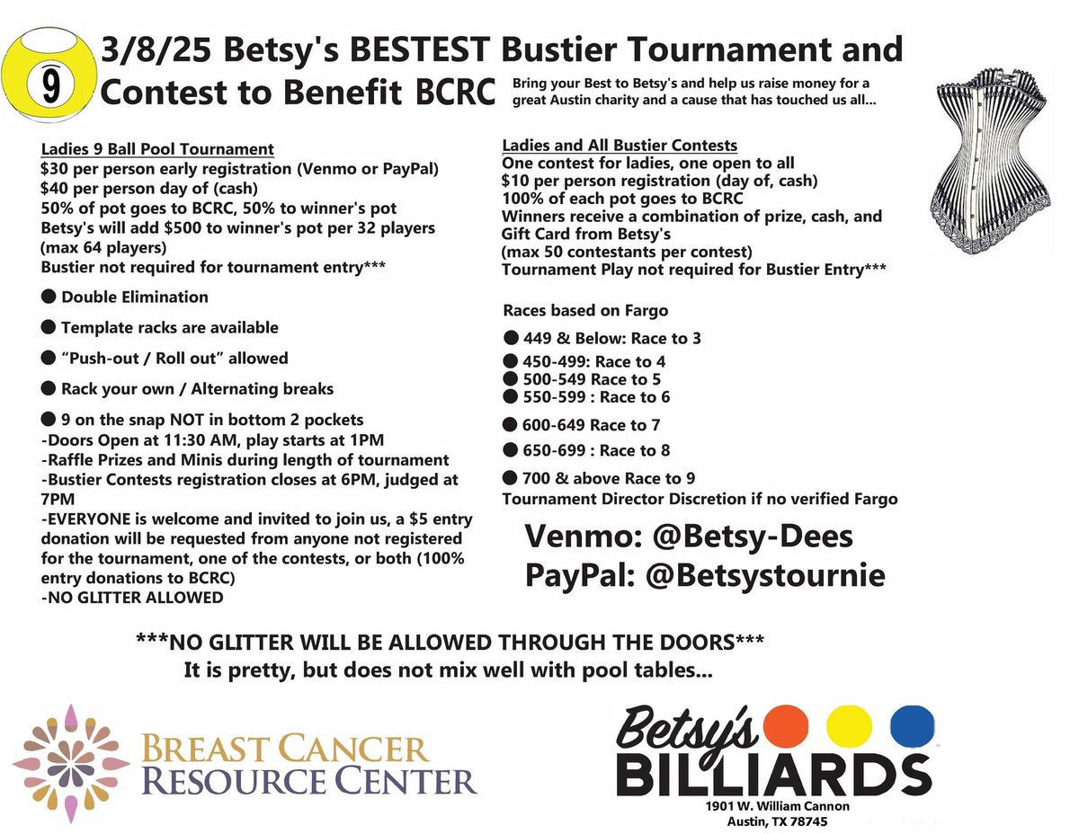 Betsy\u2019s Bestest Bustier Tournament and Contest to Benefit BCRC