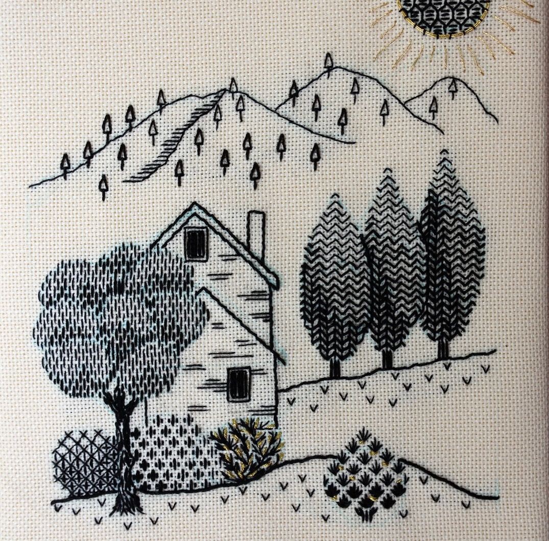 Under the Tuscan Sun - a landscape stitched in freestyle Blackwork.  