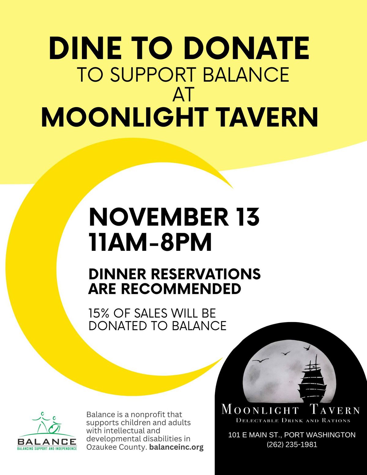 Dine to Donate for Balance at Moonlight Tavern