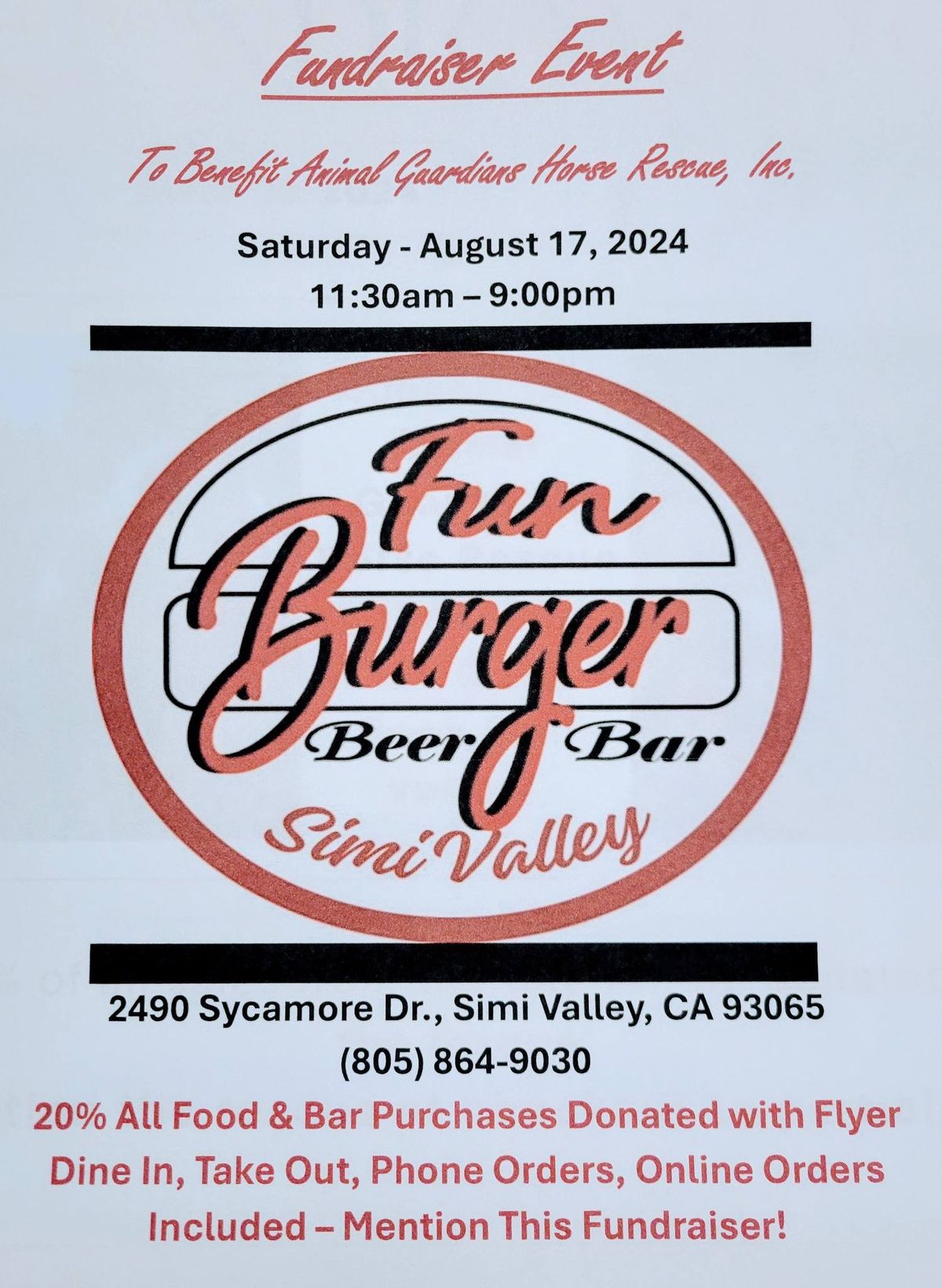 "Dine4Horses" Fundraiser Event at Fun Burger, Simi Valley