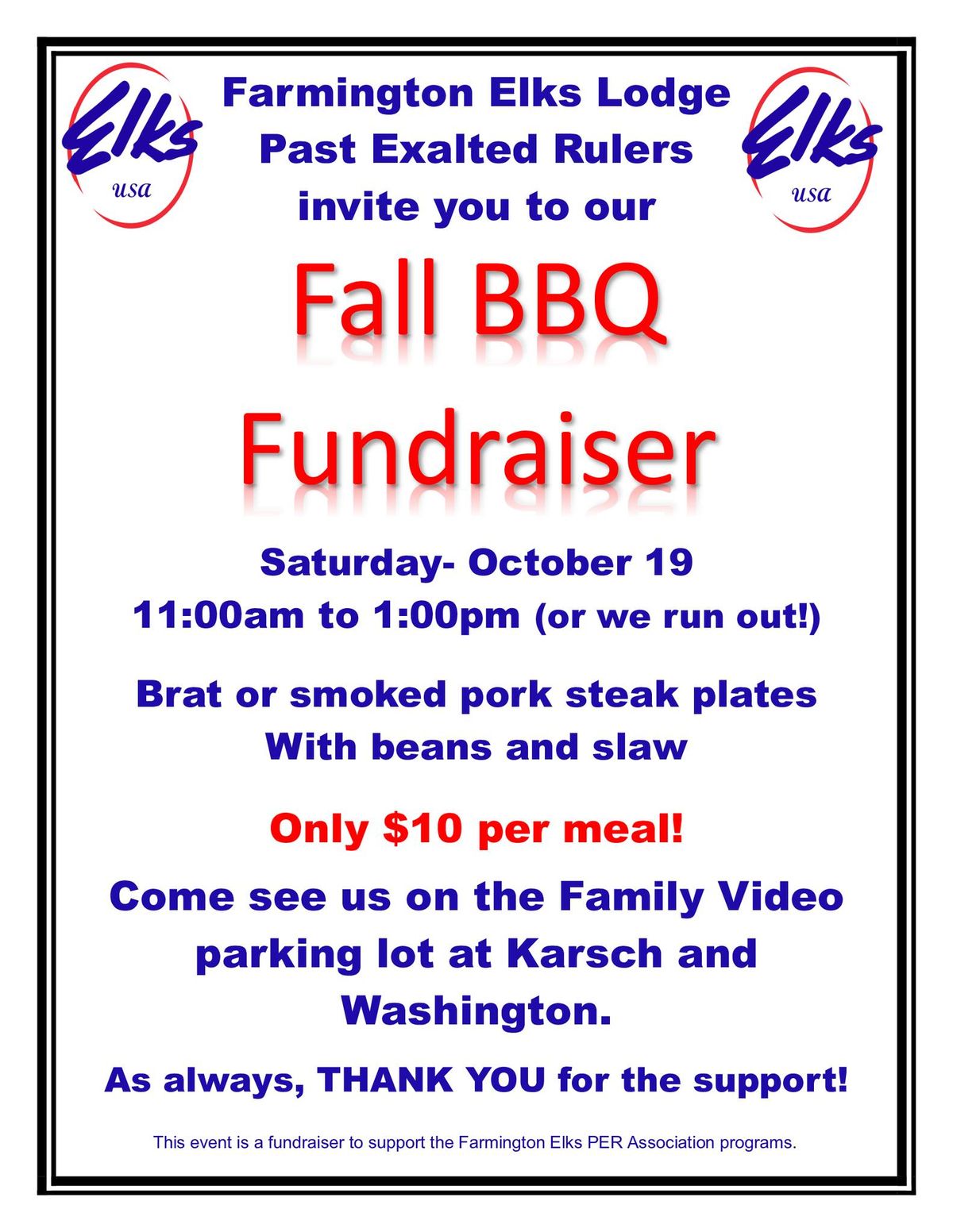 Farmington Elks PER Association BBQ Fundraiser