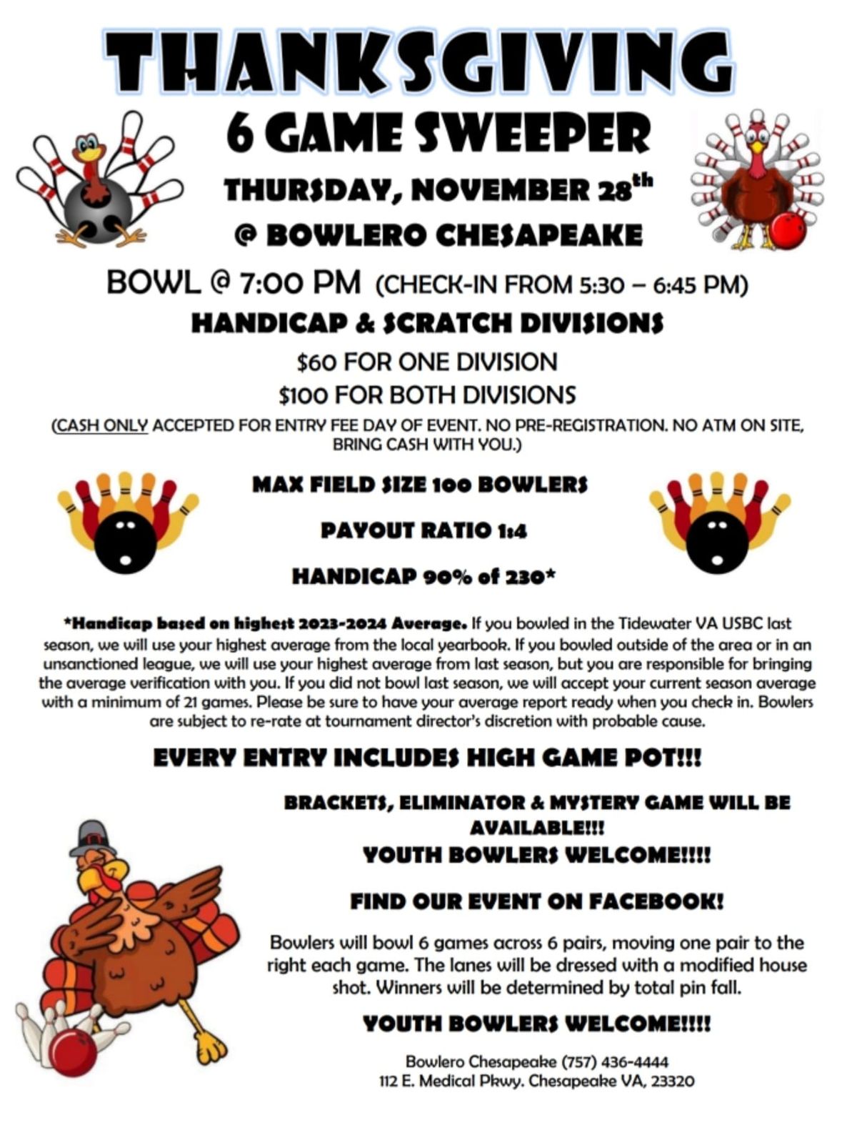 Thanksgiving 6 Game Sweeper \ud83e\udd83 Bowlero Chesapeake