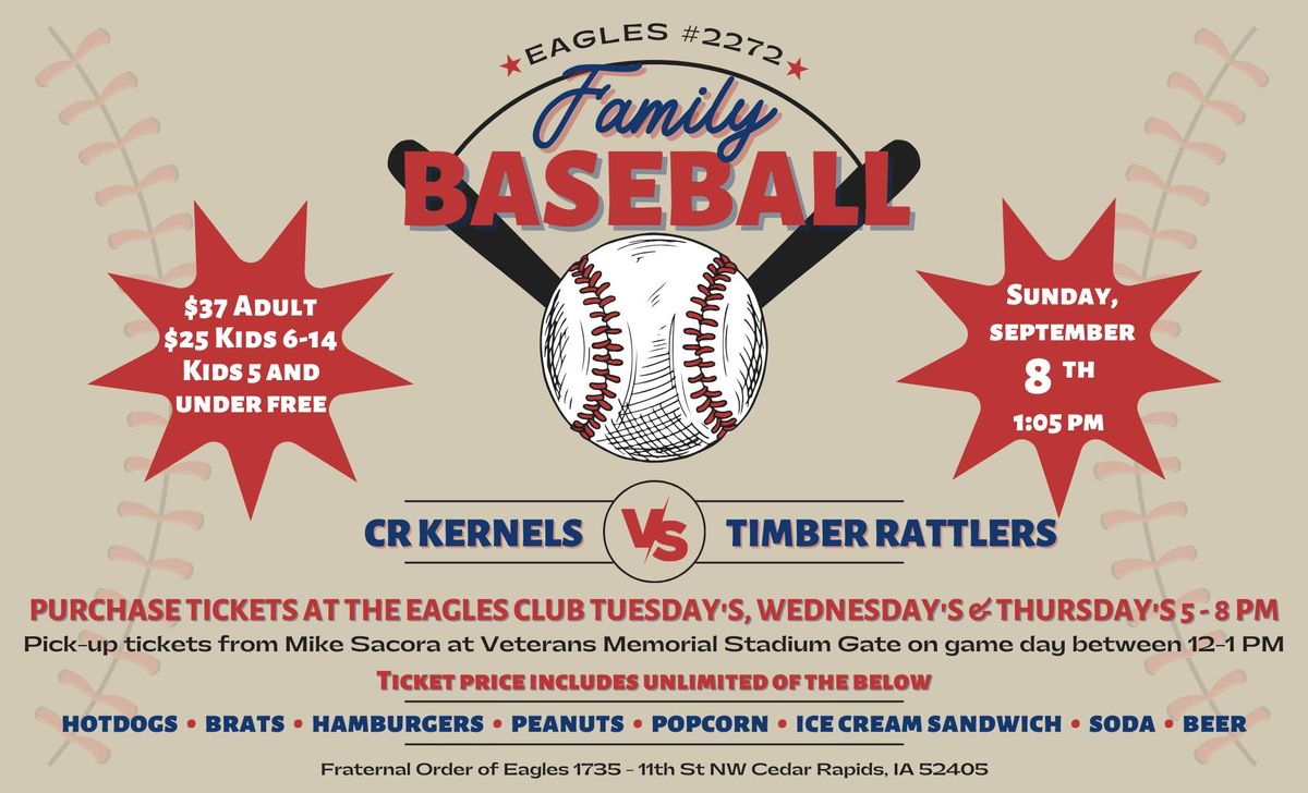 Baseball Game - CR Kernels vs. Timber Rattlers