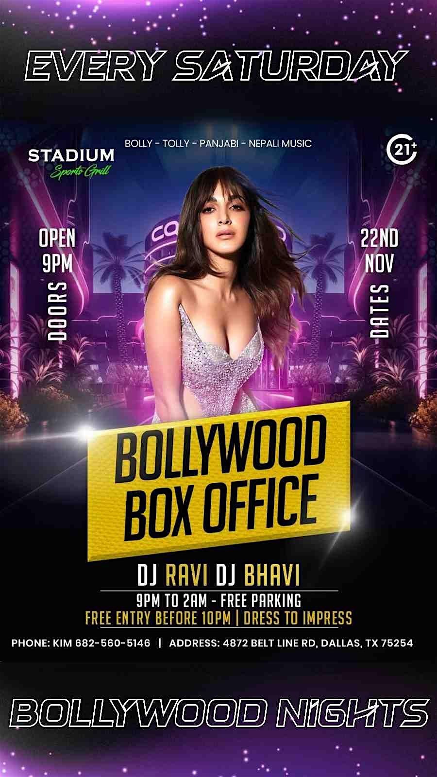 BOLLYWOOD BOX OFFICE-BOLLY TOLLY MUSIC-NOV 22ND-SAT NIGHT-STADIUM-ADDISON
