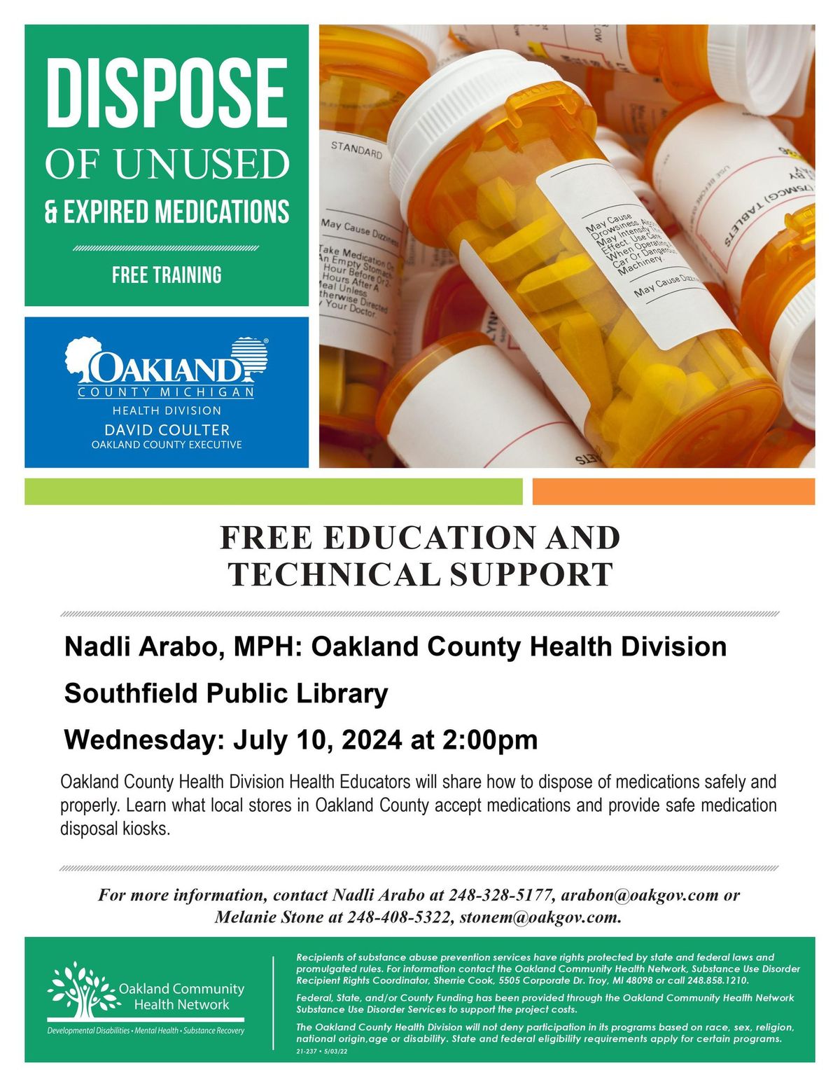 Dispose of unused and expired medications and free training with Oakland County Health Division