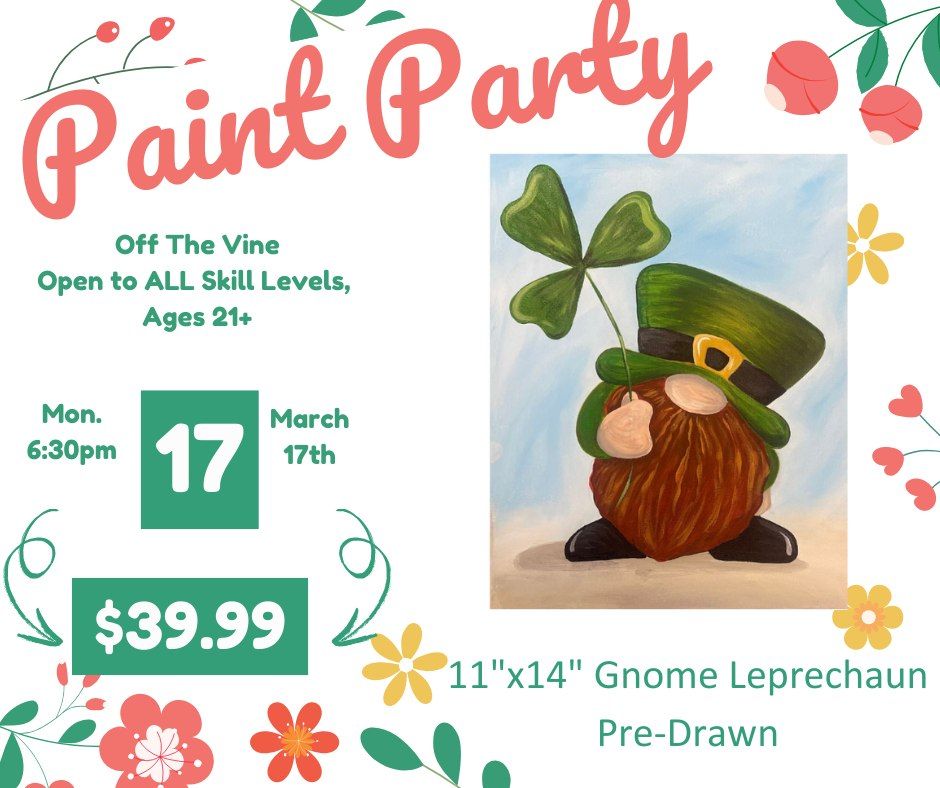 March 17th Gnome Leprechaun Sip and Paint OTV