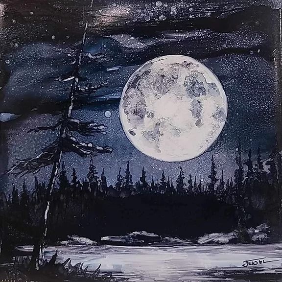 Alcohol ink on tile : Full Moon Forest