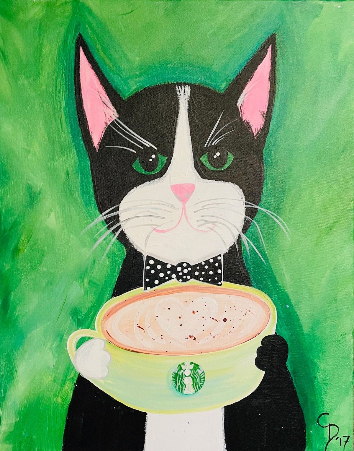 "Coffee Cat" Acrylic Canvas Painting Class with Connie at Claytopia