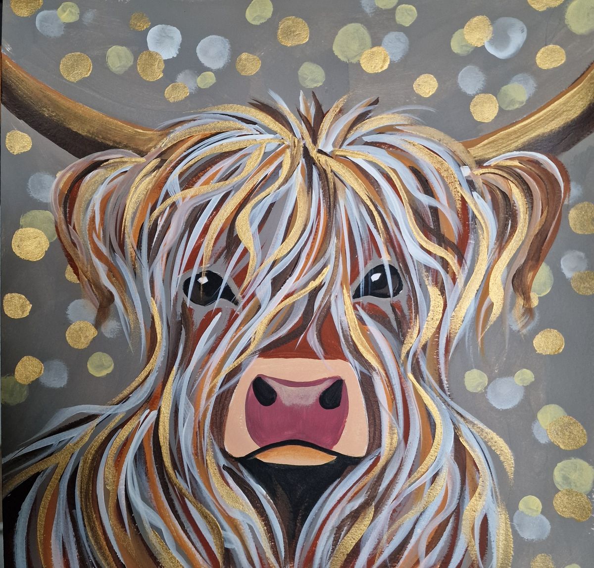 Paint & Prosecco Gold Highland Cow at Chard Cricket Club