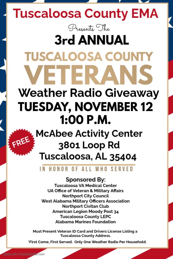 3rd Annual Tuscaloosa County Veterans Weather Radio Giveaway