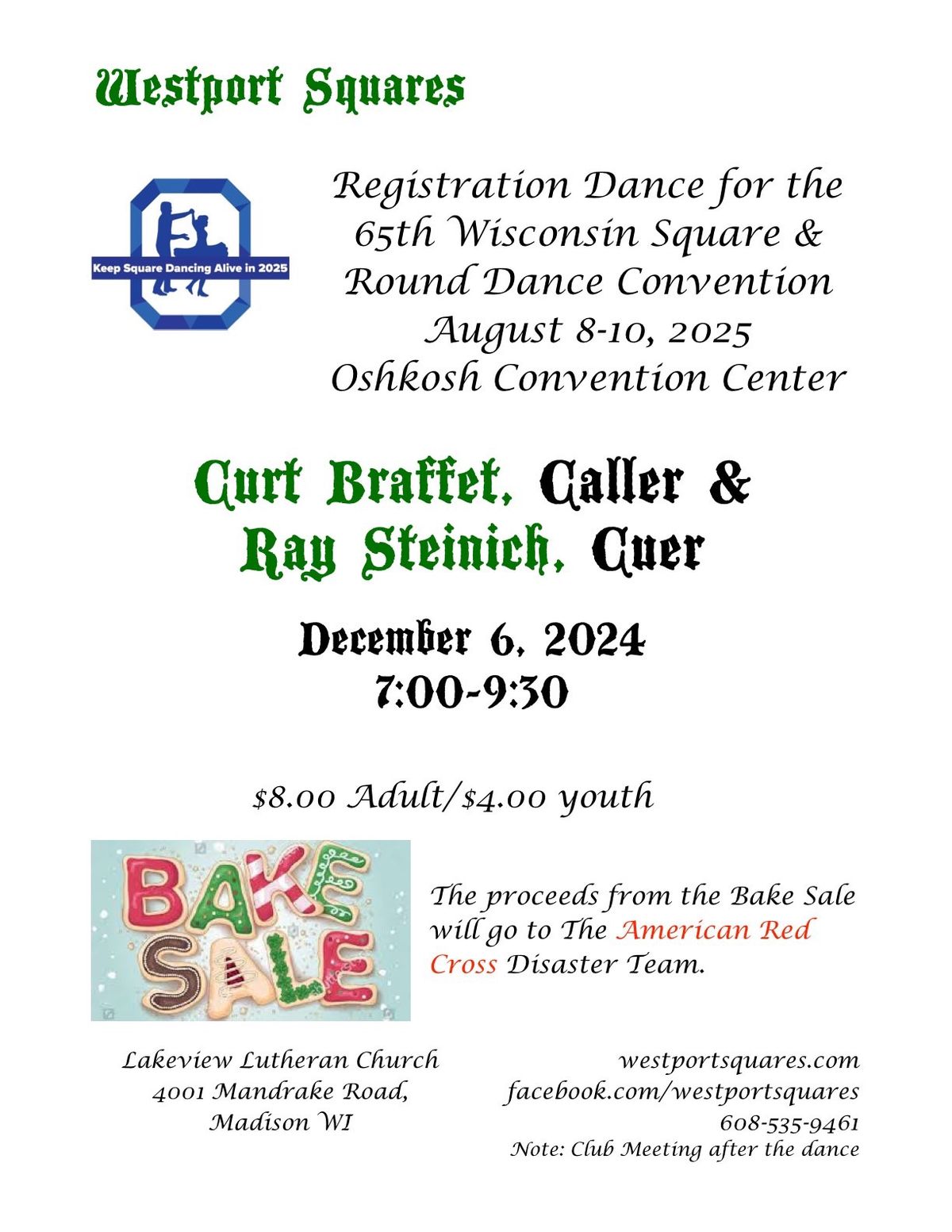 Wisconsin Convention registration & American Red Cross Bake Sale Dance!