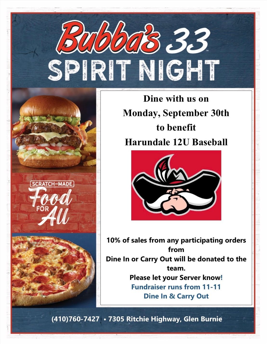 Spirit Night at Bubba\u2019s 33 for Rebels 12U Travel