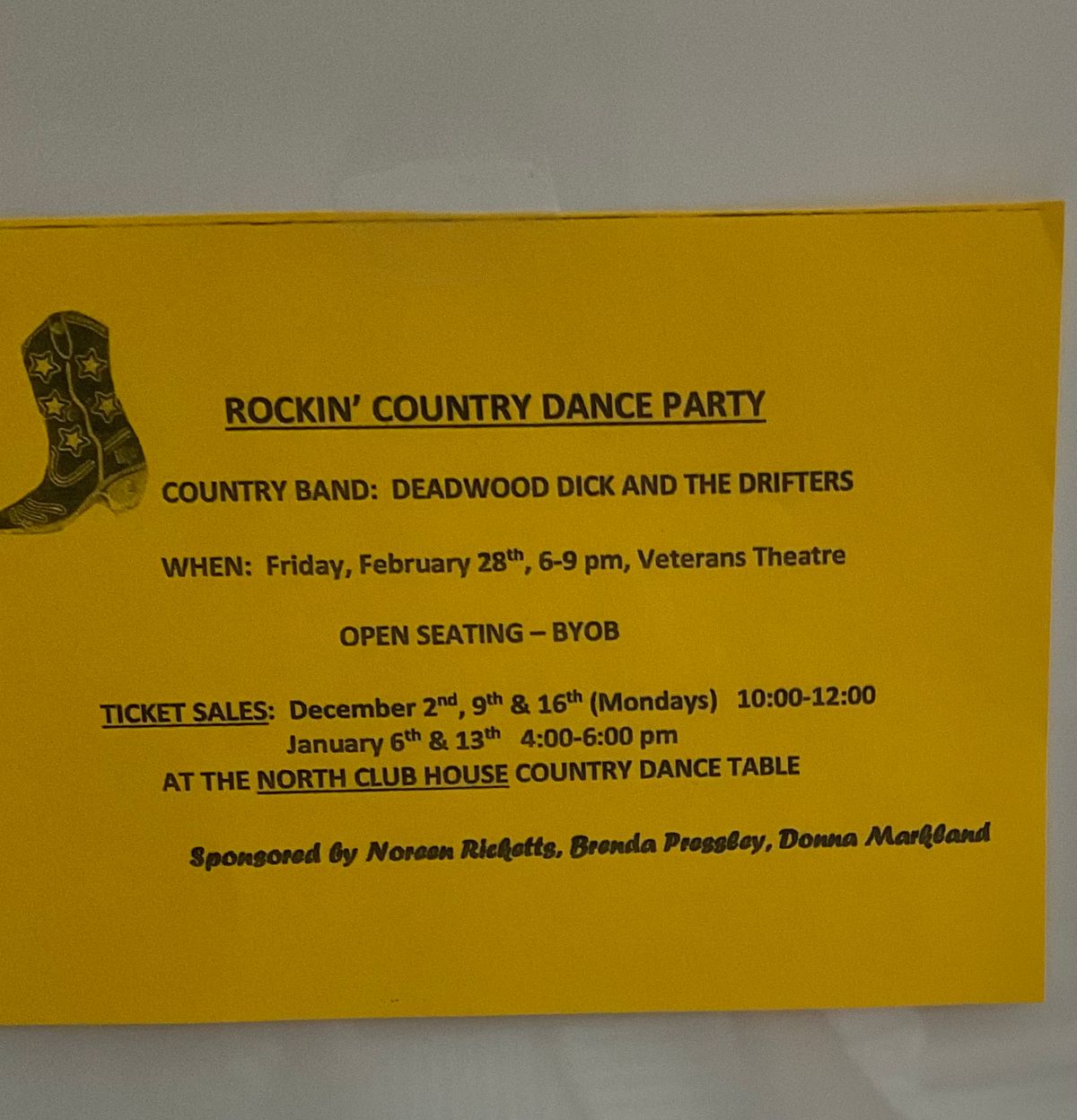 Rockin\u2019 Country Dance Party sponsored by Noreen Ricketts, Donna Markland, and Brenda Pressly