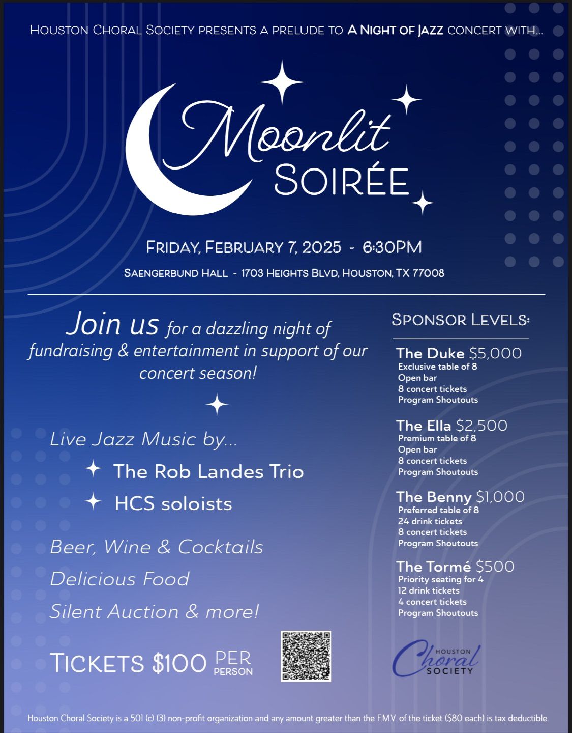 Houston Choral Society Presents A Prelude to \u201cA Night of Jazz\u201d concert with\u2026Moonlit Soir\u00e9e 