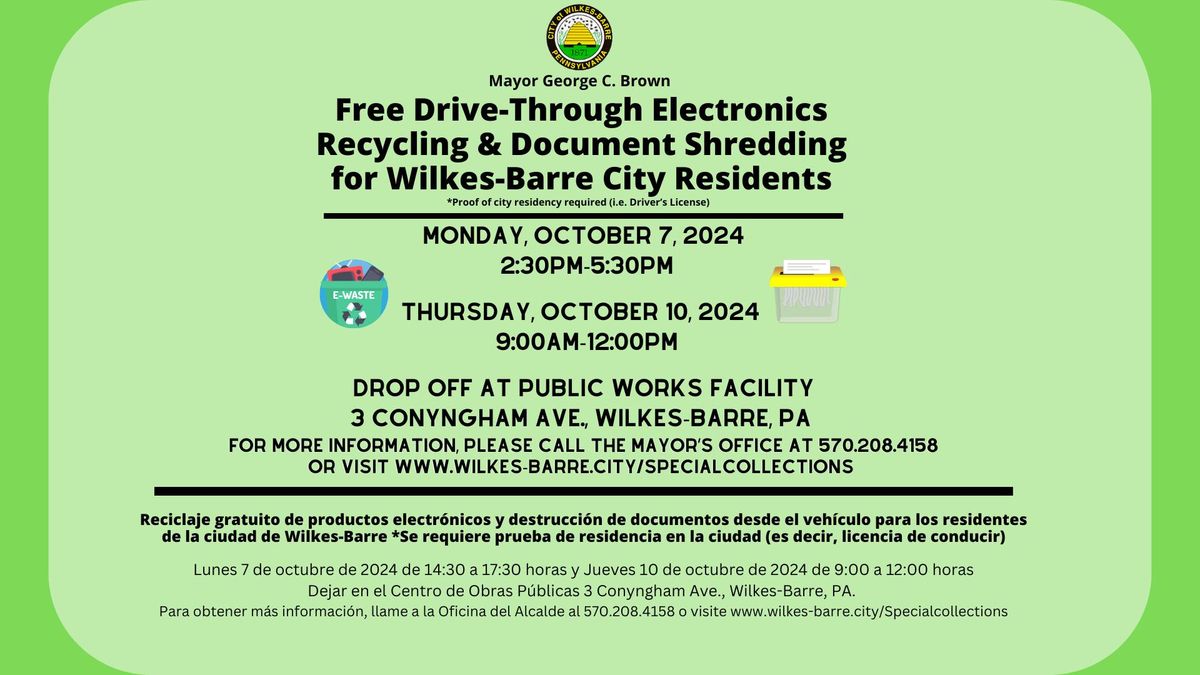 E-Recycling & Document Shredding for Wilkes-Barre City Residents ONLY