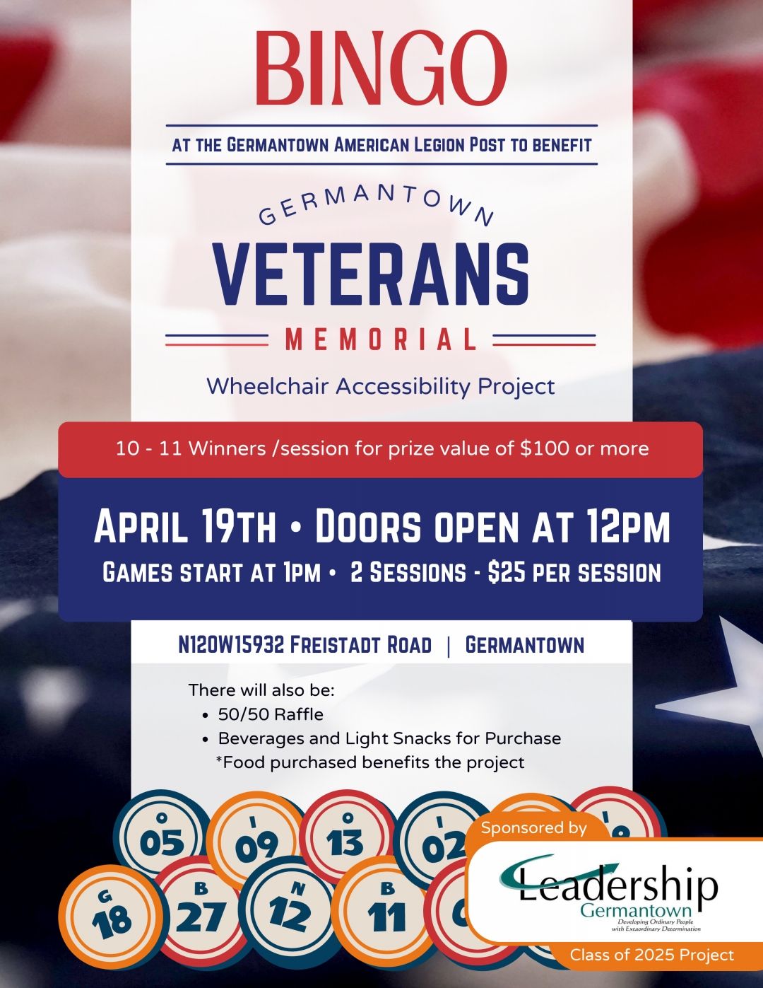 Bingo fundraiser - Honor Brigade Veterans Memorial Leadership Germantown project