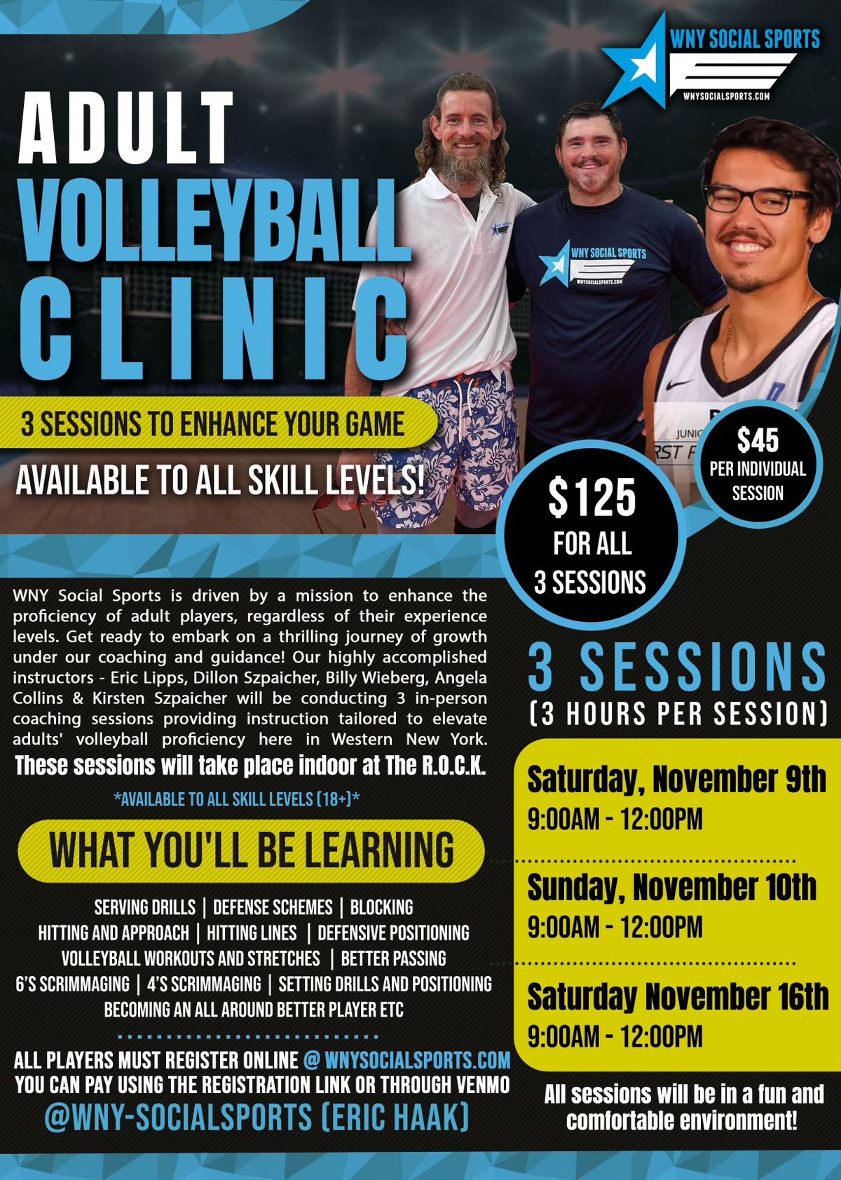 \ud83c\udfd0\ud83c\udfc6 WNY Social Sports: Dillon Szpaicher x Adult Volleyball Camp (3 Sessions. Co-ed) \ud83c\udfc6\ud83c\udfd0