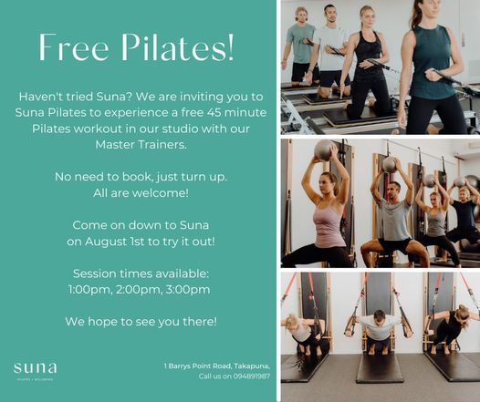 Free workout day at Suna Pilates!, Suna Pilates + Wellbeing, Auckland, 1  August 2021