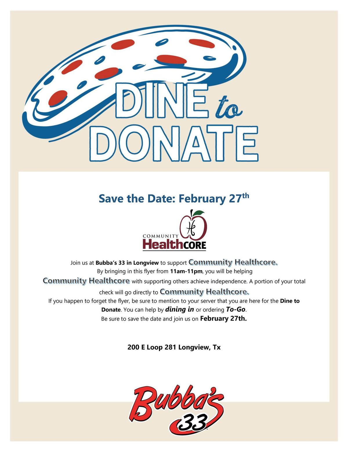 DINE to DONATE: Bubba's 33 - Longview \/ Community Healthcore