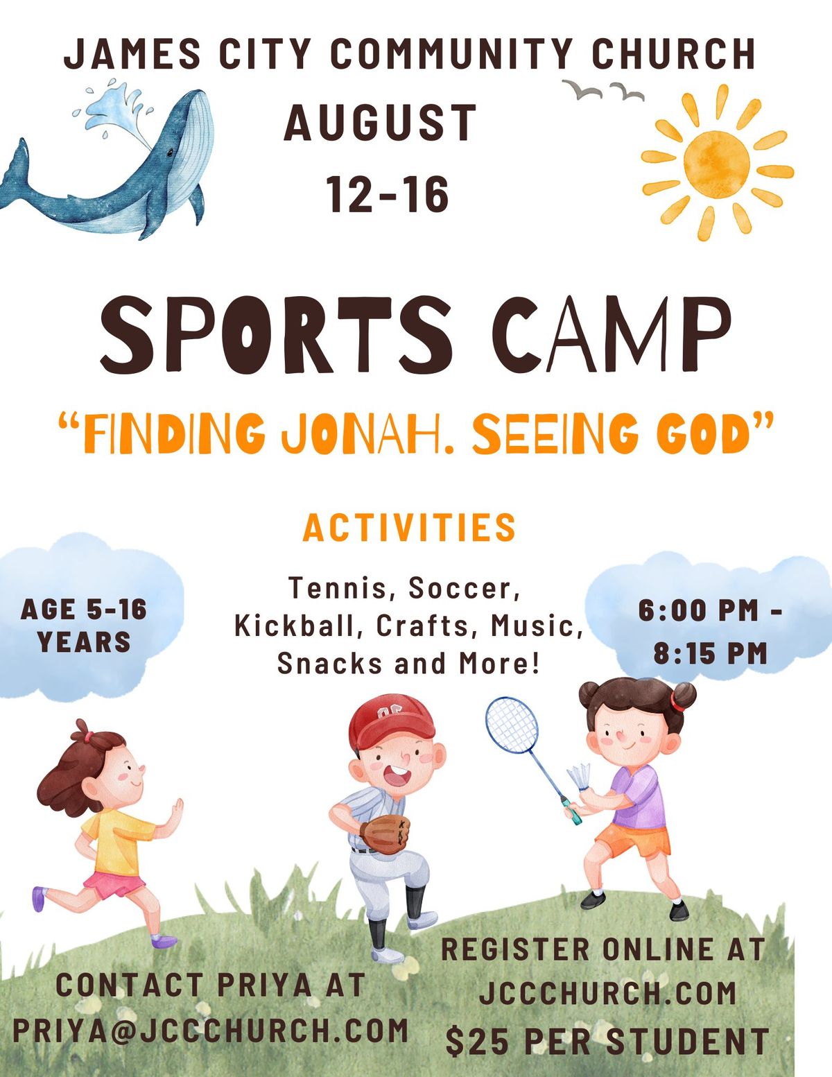 SUMMER SPORTS CAMP, AUGUST 12-16, 6:00 PM-8:15 PM 