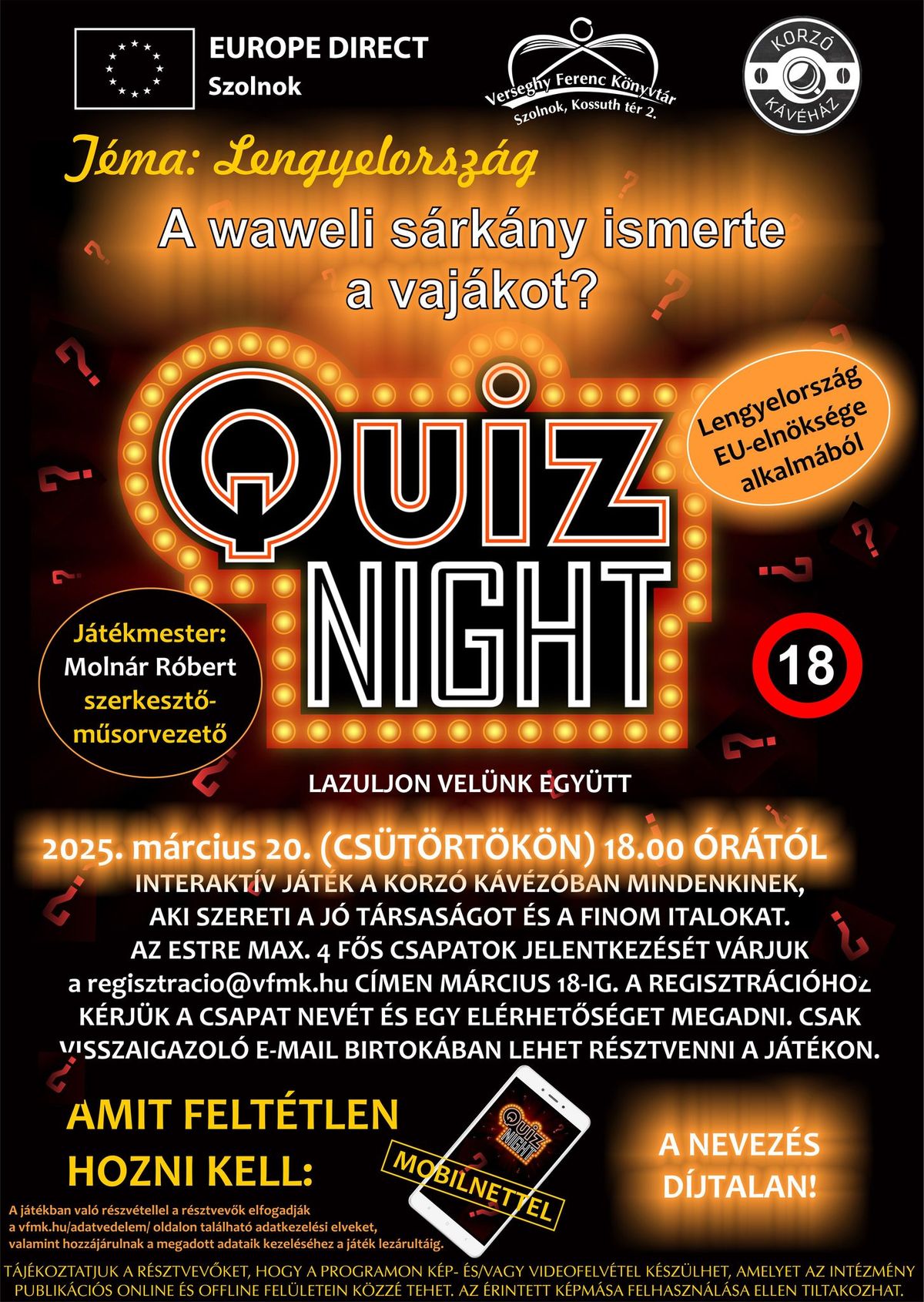 Quiz Night a Korz\u00f3 K\u00e1v\u00e9h\u00e1zban a k\u00f6nyvt\u00e1r szervez\u00e9s\u00e9ben