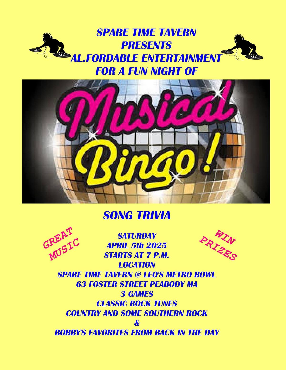 SPARE TIME TAVERN PRESENTS "MUSICAL BINGO"