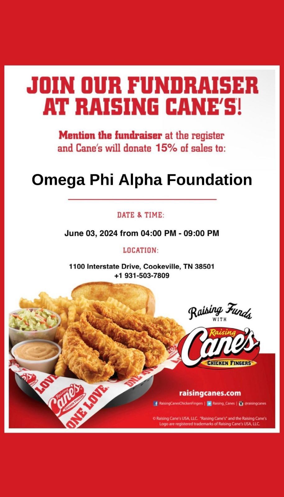 Raising Cane\u2019s Fundraiser for Omega Phi Alpha Foundation (Cookeville)