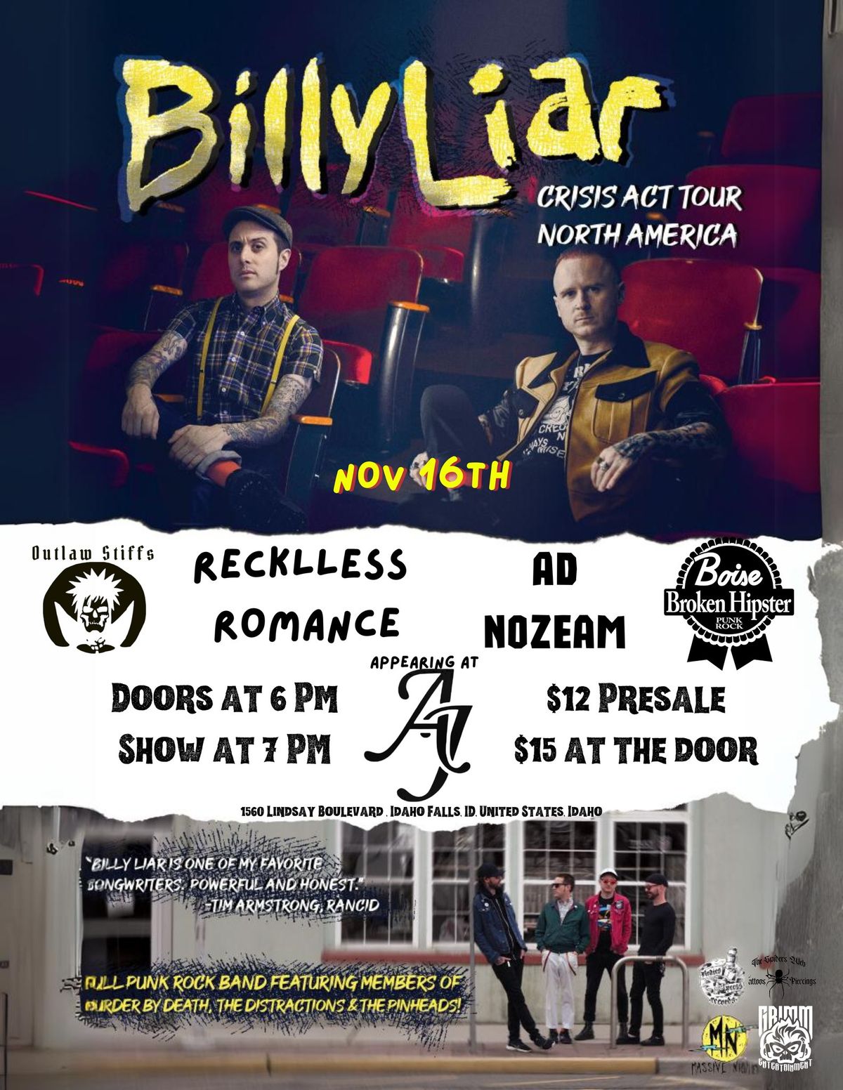 Crisis Act Tour F\/ Billy Liar w\/ Broken Hipster, Outlaw Stiffs, Ad Noseem and Recklless Romance