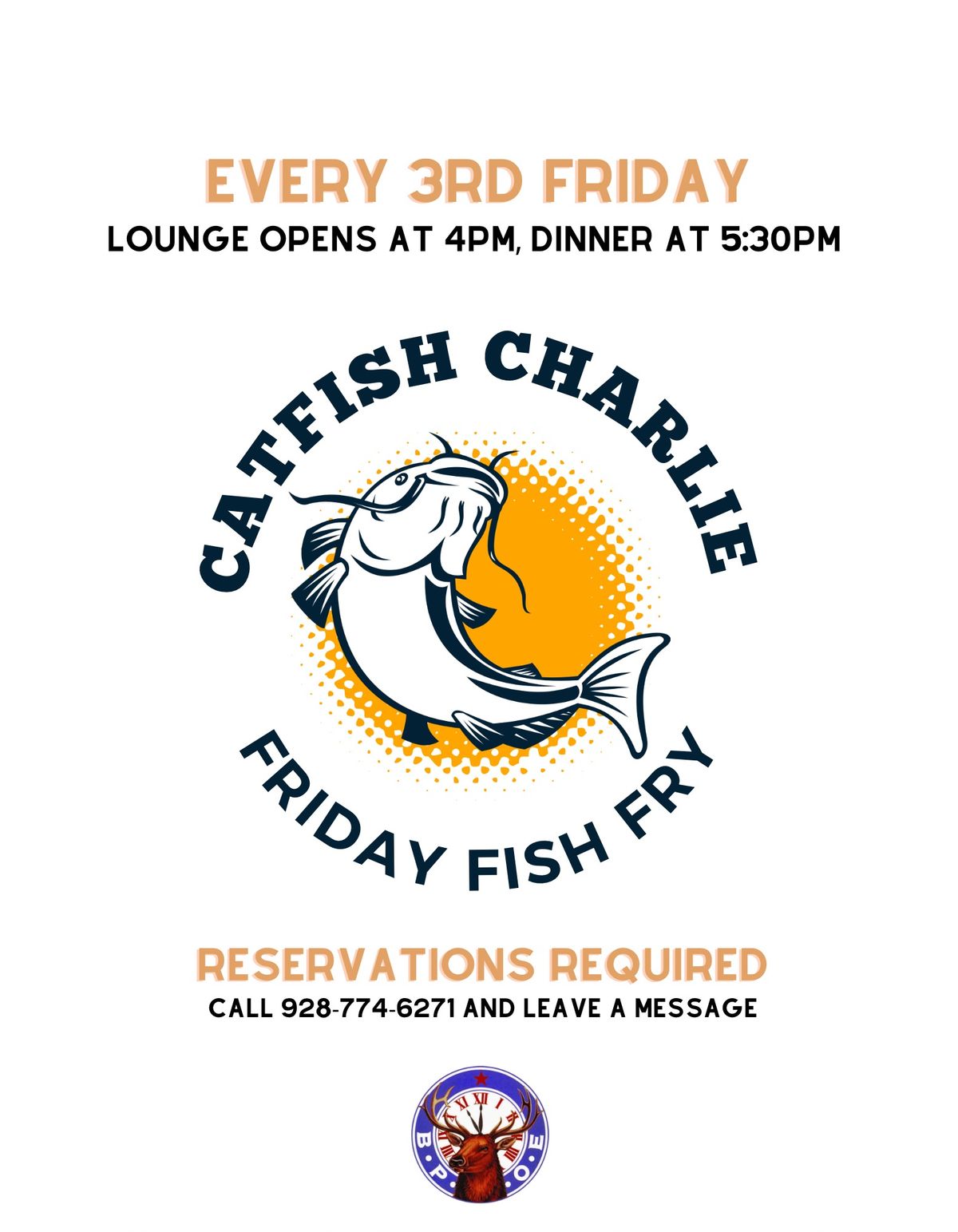 Catfish Charlie Fish Fry Friday -3rd Friday (Open to members and guests, Reservations Required)