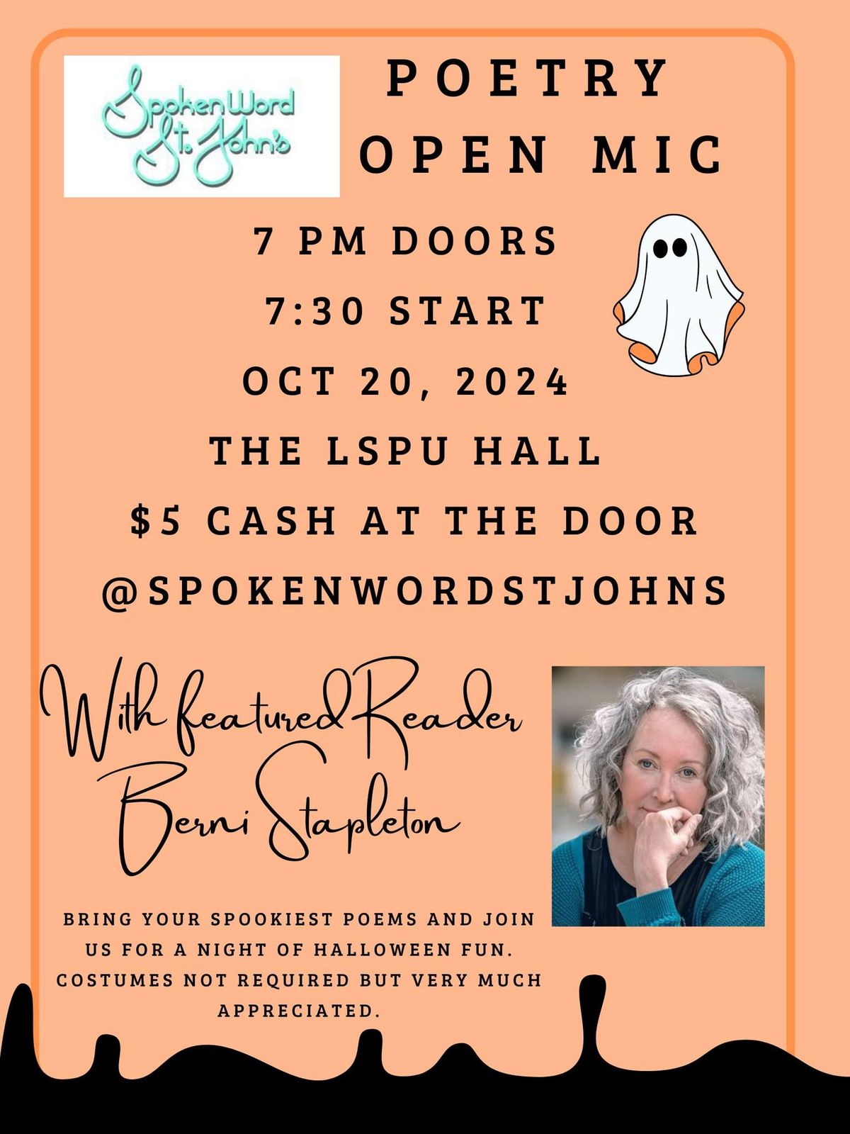 \ud83c\udf83\ud83c\udf83\ud83c\udf83 SWSJ Poetry Open Mic with Berni Stapleton! \ud83c\udf83\ud83c\udf83\ud83c\udf83