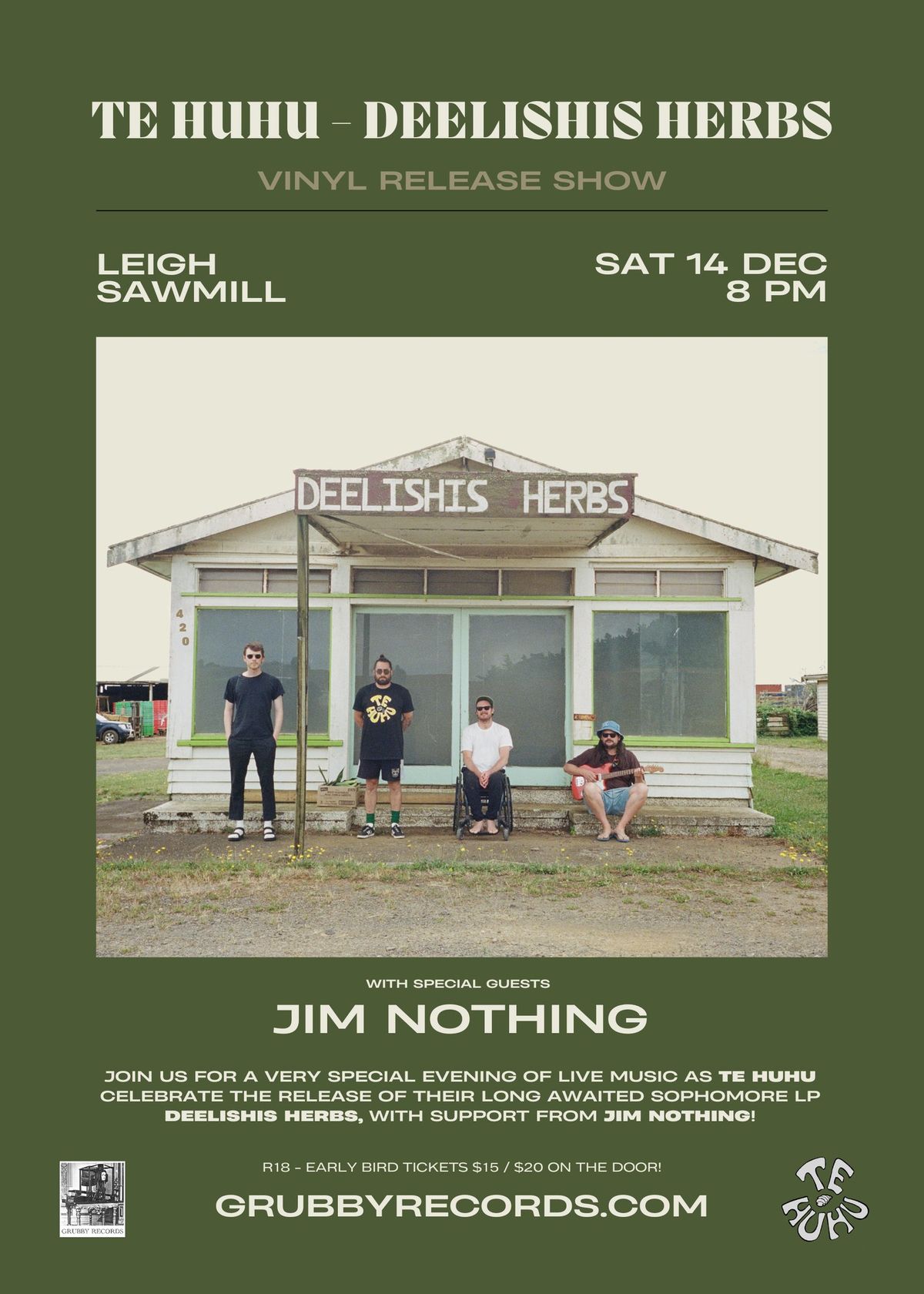 Te Huhu' Deelishis Herbs Vinyl Release Show with Jim Nothing at Leigh Sawmill 