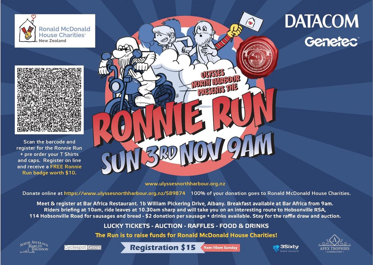 Ulysses North Harbour invite you to the Ronnie Run.  All $$ go to a room at Ronald McDonald House.