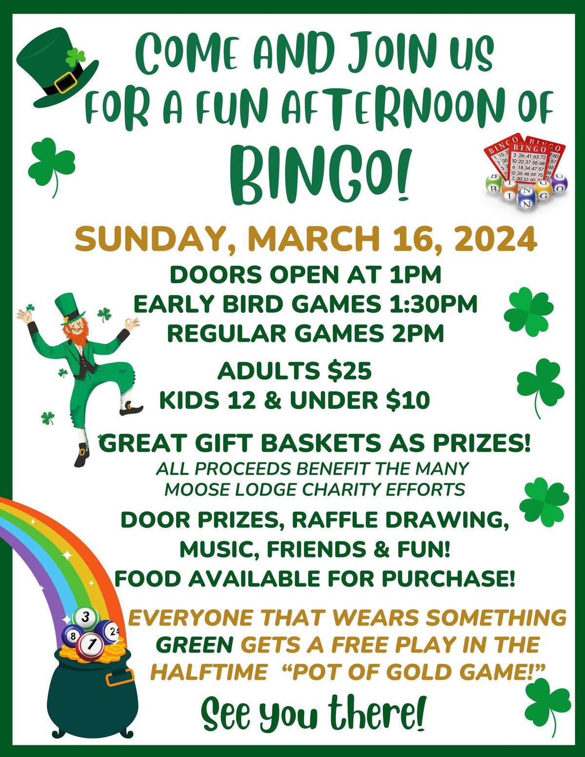 St Patty Bingo Fun, Sunday March 16th 1pm