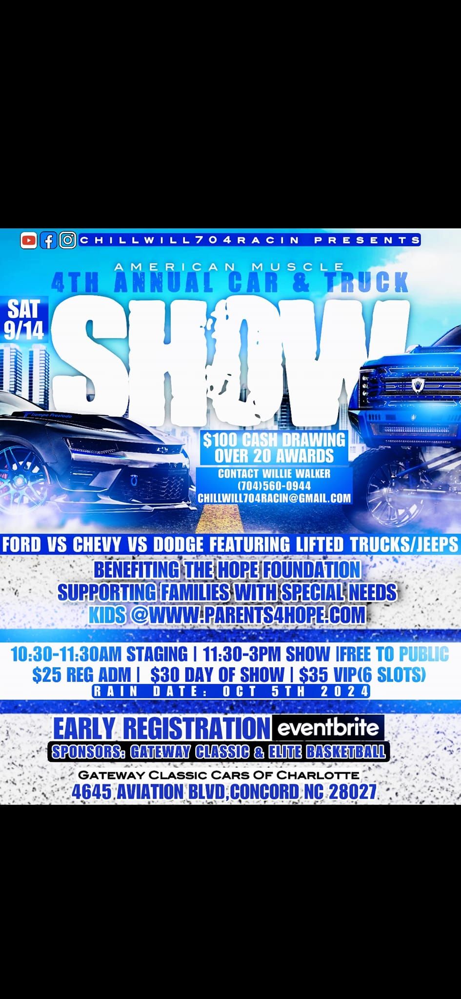 Chillwill 4th Annual Muscle Car\/Truck Show. Ford vs Chevy vs Dodge featuring Lifted Trucks & Jeeps