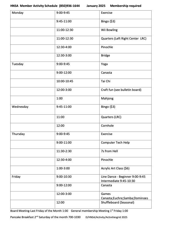 2025 Activities Schedule