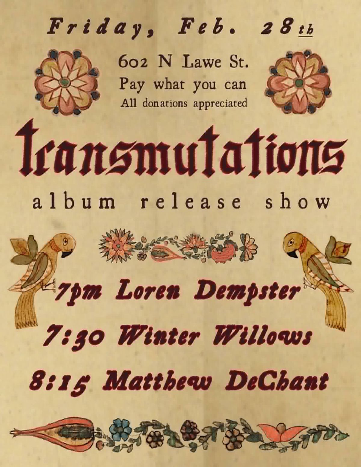 Matthew DeChant album release show wsg Loren Dempster and Winter Willows